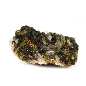 Epidot Quarz Kristall mit Bergkristall Spitzen, ideal für Mineralien Sammler. Mineralien kaufen, prachtvoll und naturbelassen.