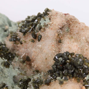 Epidote quartz crystal cluster with clear crystal points from Morocco, displaying natural beauty and unique structure for collectors.