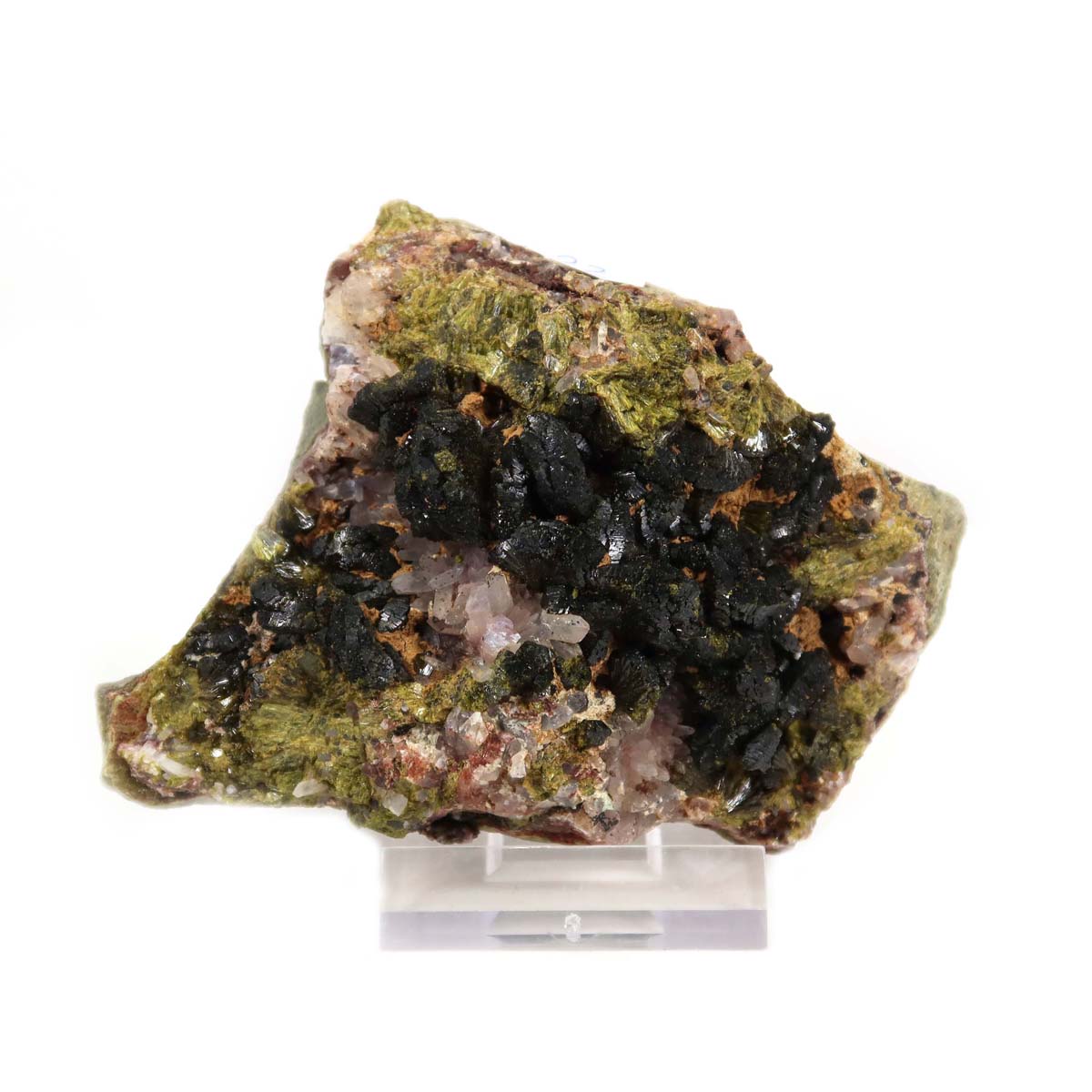 Epidot Quarz Kristall mit Bergkristall Spitzen, Naturbelassen, Sammlerstück aus Marokko, 9x6x3 cm, klare Kristallstruktur.