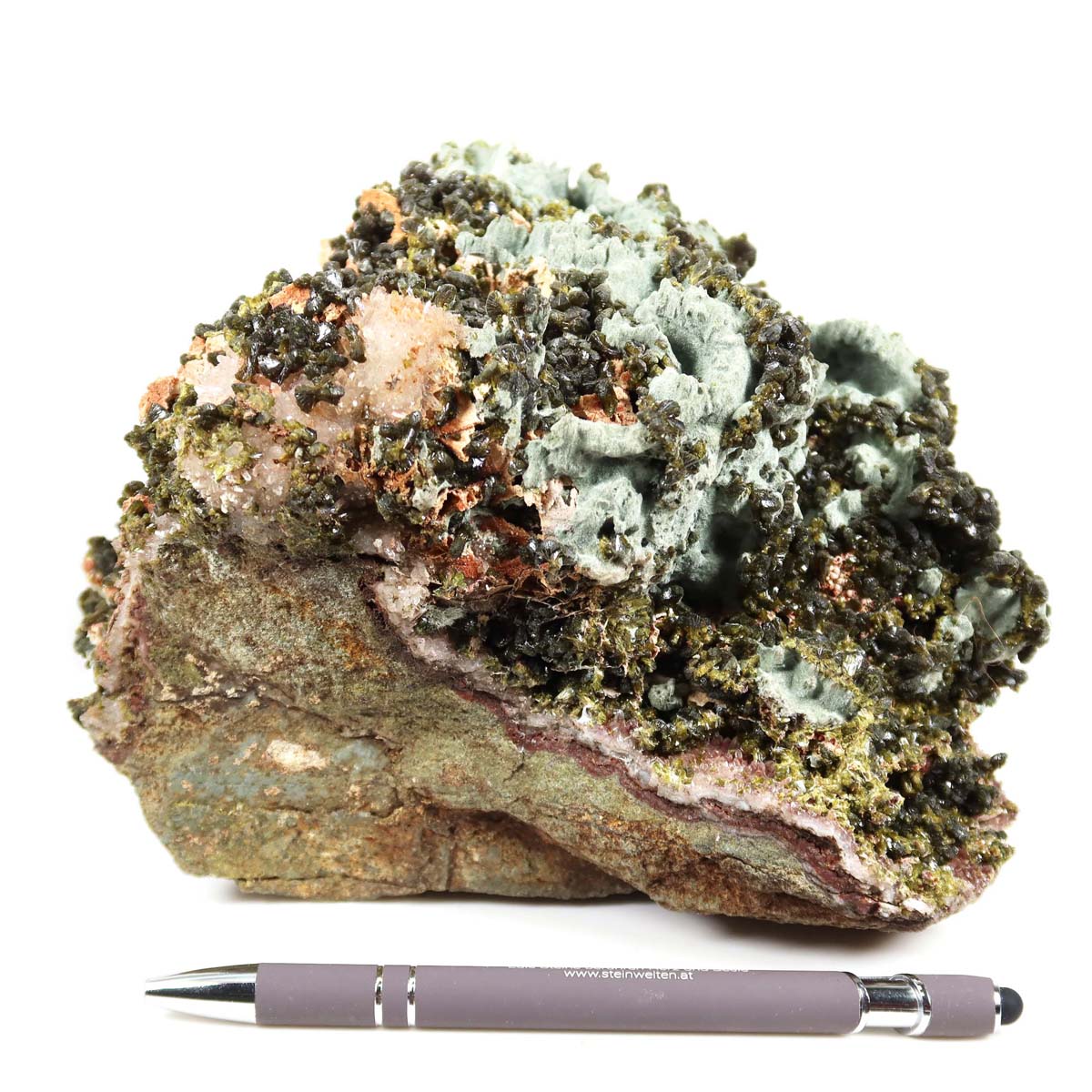 Epidot Quarz Mineralien Stufe aus Marokko, perfekte Wahl für Sammler. Kaufen Sie beeindruckende natürliche Schönheit mit Bergkristall Akzenten.