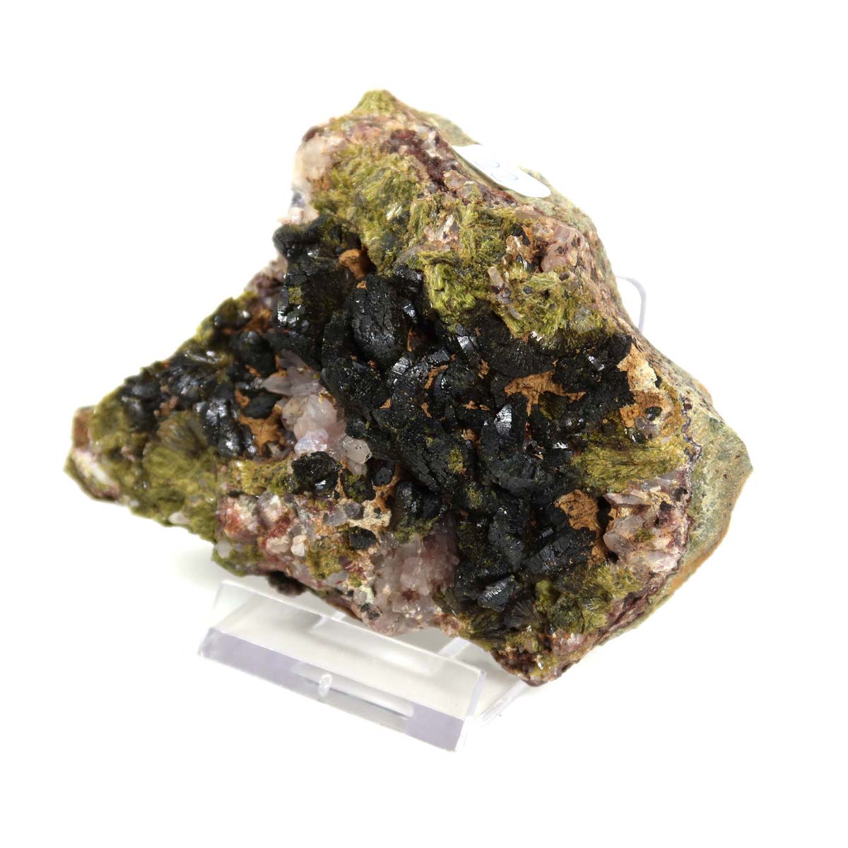 Epidot Quarz Kristall mit Bergkristall Spitzen, Naturbelassen, Sammlerstück aus Marokko, 9x6x3 cm, klare Kristallstruktur.