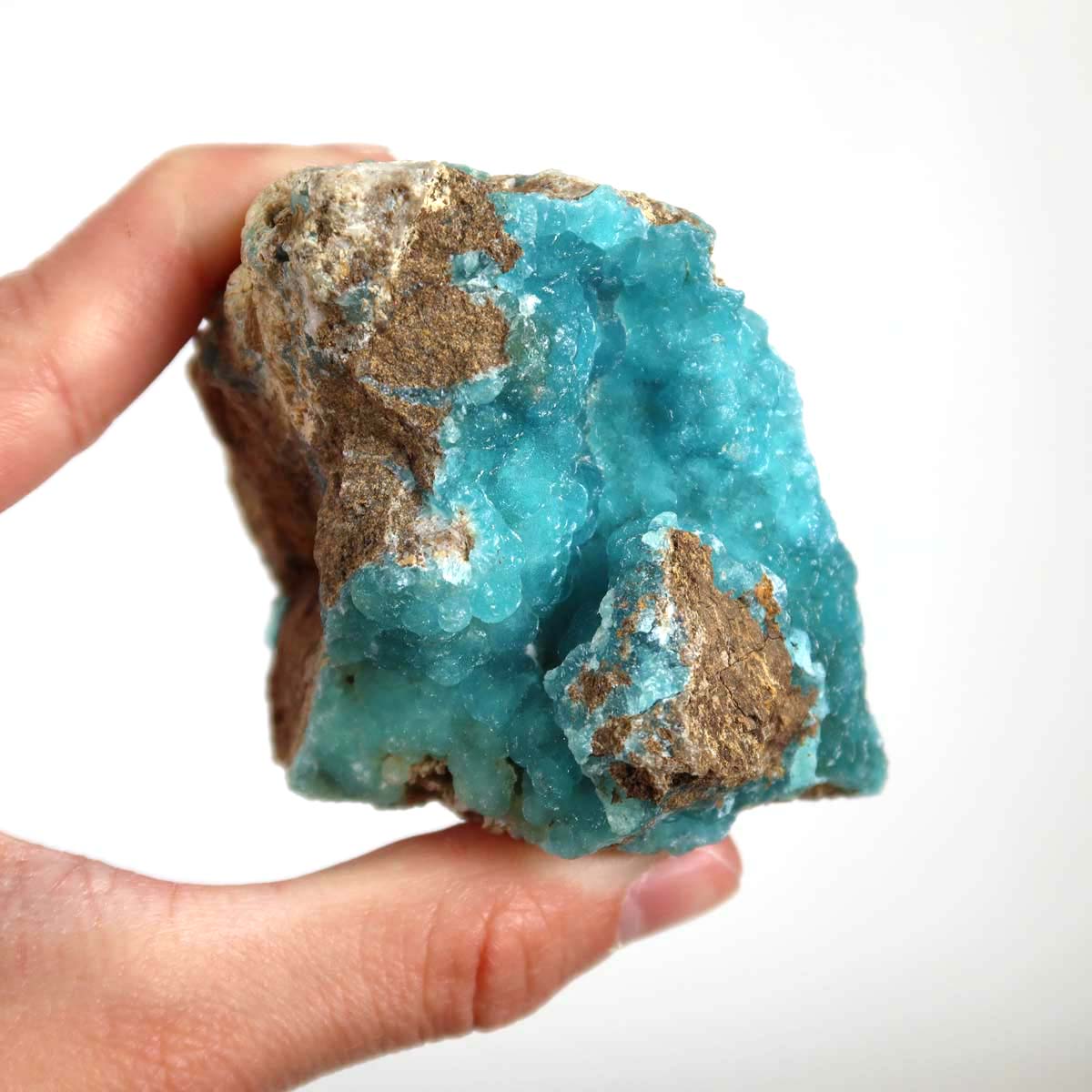 Hemimorphit Rohstein mit türkisblauen Farben und Kristallstruktur, Sammlermineral Unikat Nr. 11, Größe 5x4x5 cm