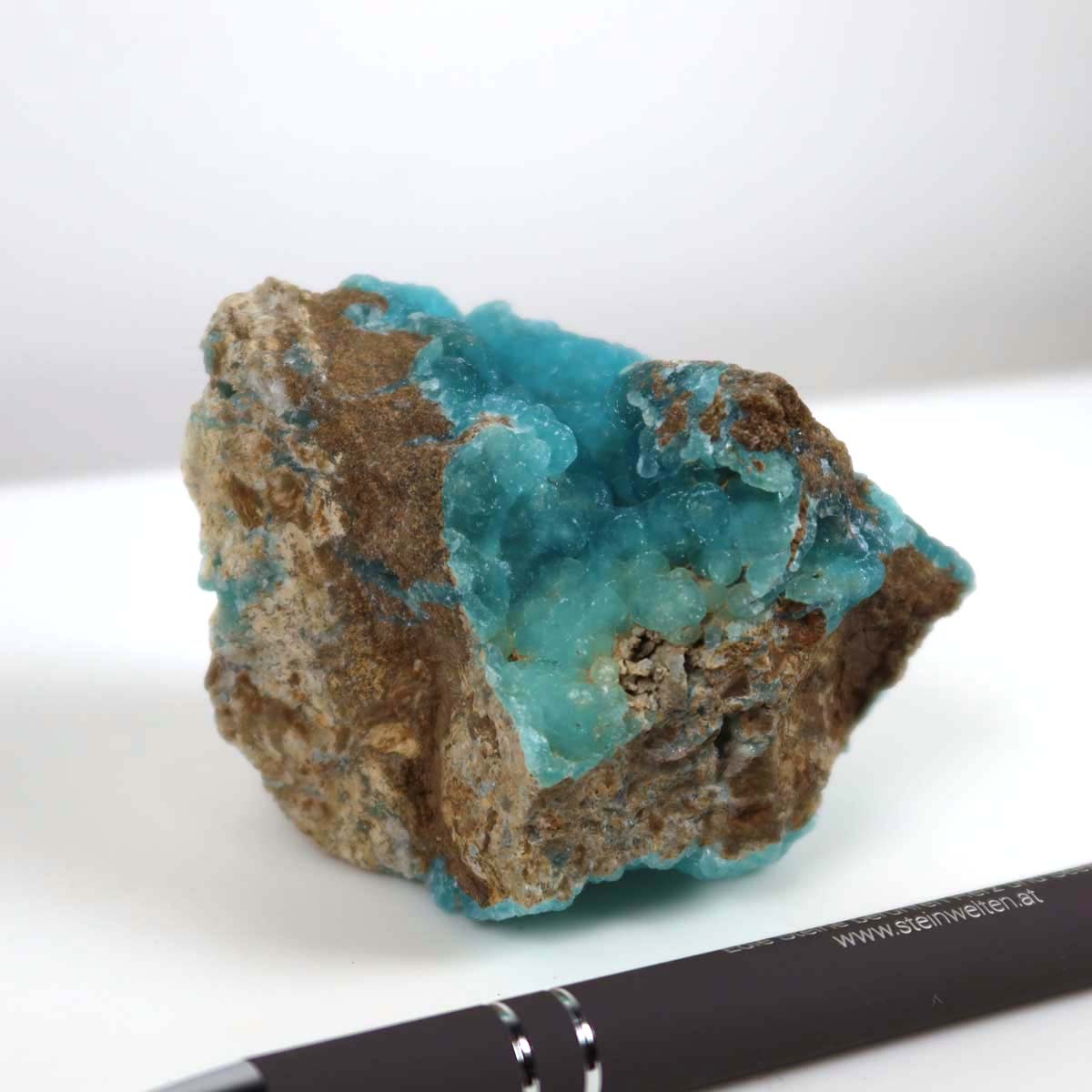 Hemimorphit Rohstein mit türkisblauen Farben und Kristallstruktur, Sammlermineral Unikat Nr. 11, Größe 5x4x5 cm
