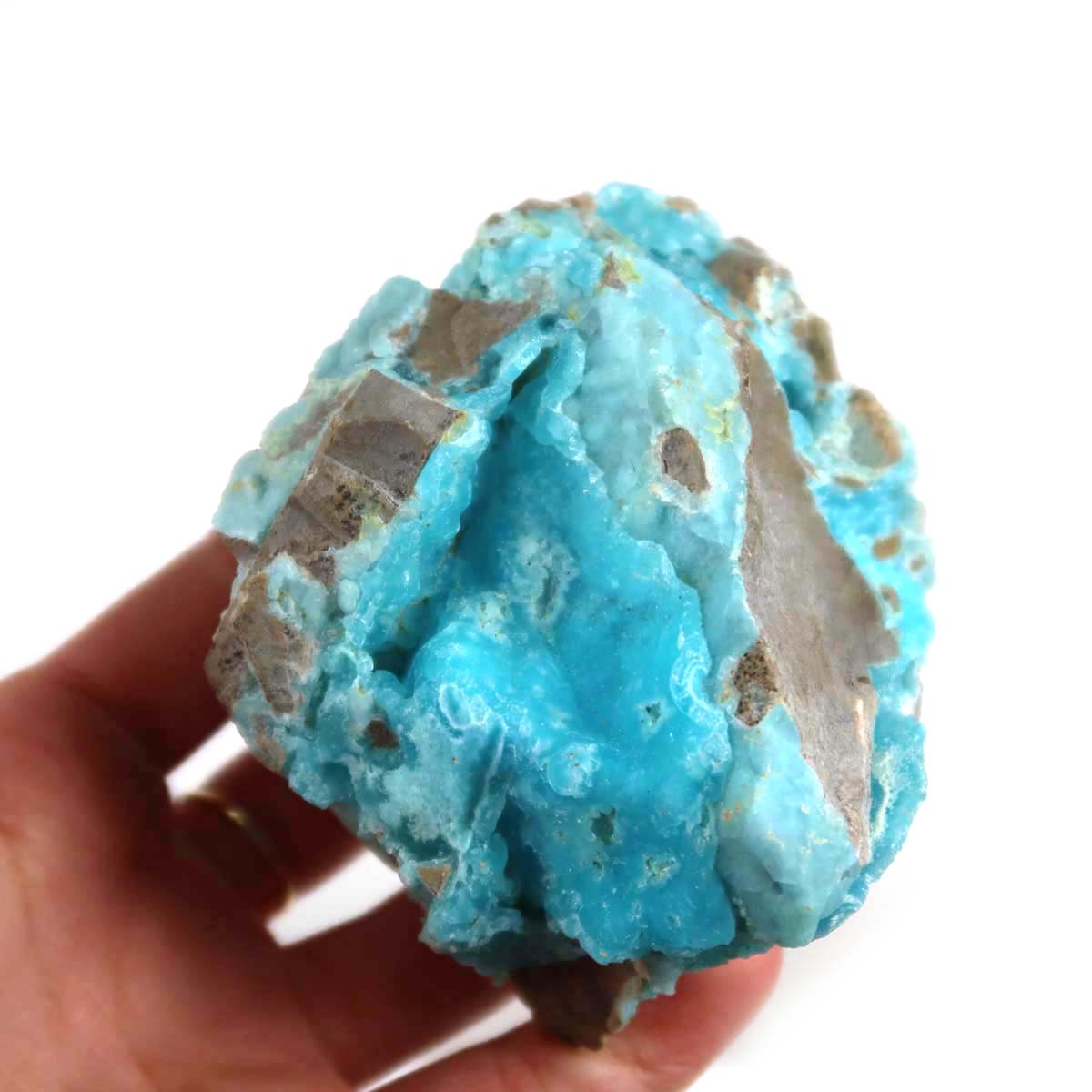 Hemimorphit Rohstein mit natürlichen türkisblauen kräftigen Farben 8x7x5 cm - Sammlermineral - UNIKAT Nr. 17 in Hand gehalten
