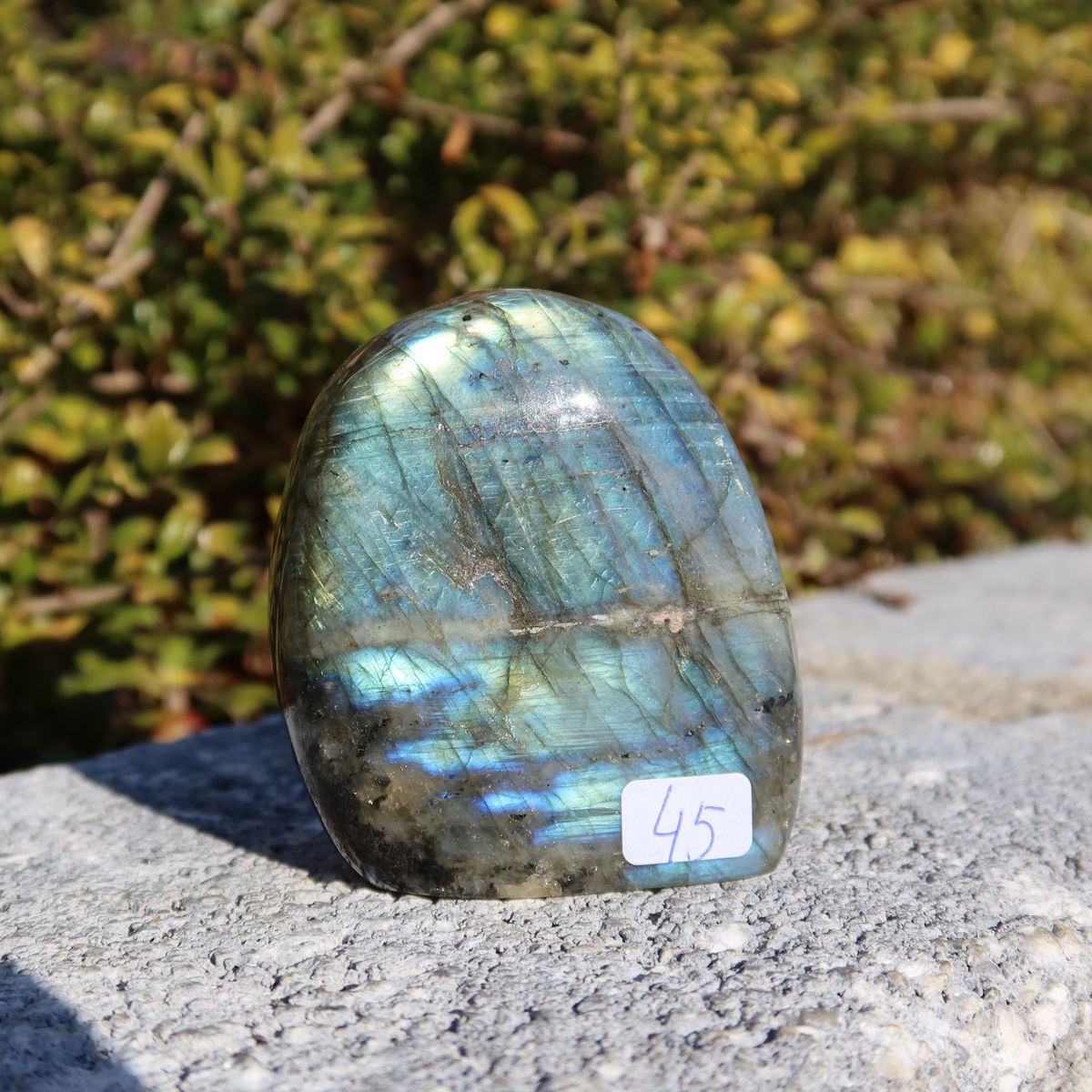 Labradorit Freiform poliert - 6x5cm - Intuition und Kreativität Nr.45 im Sonnenlicht, zeigt intensives Farbspiel und Labradoreszenz.