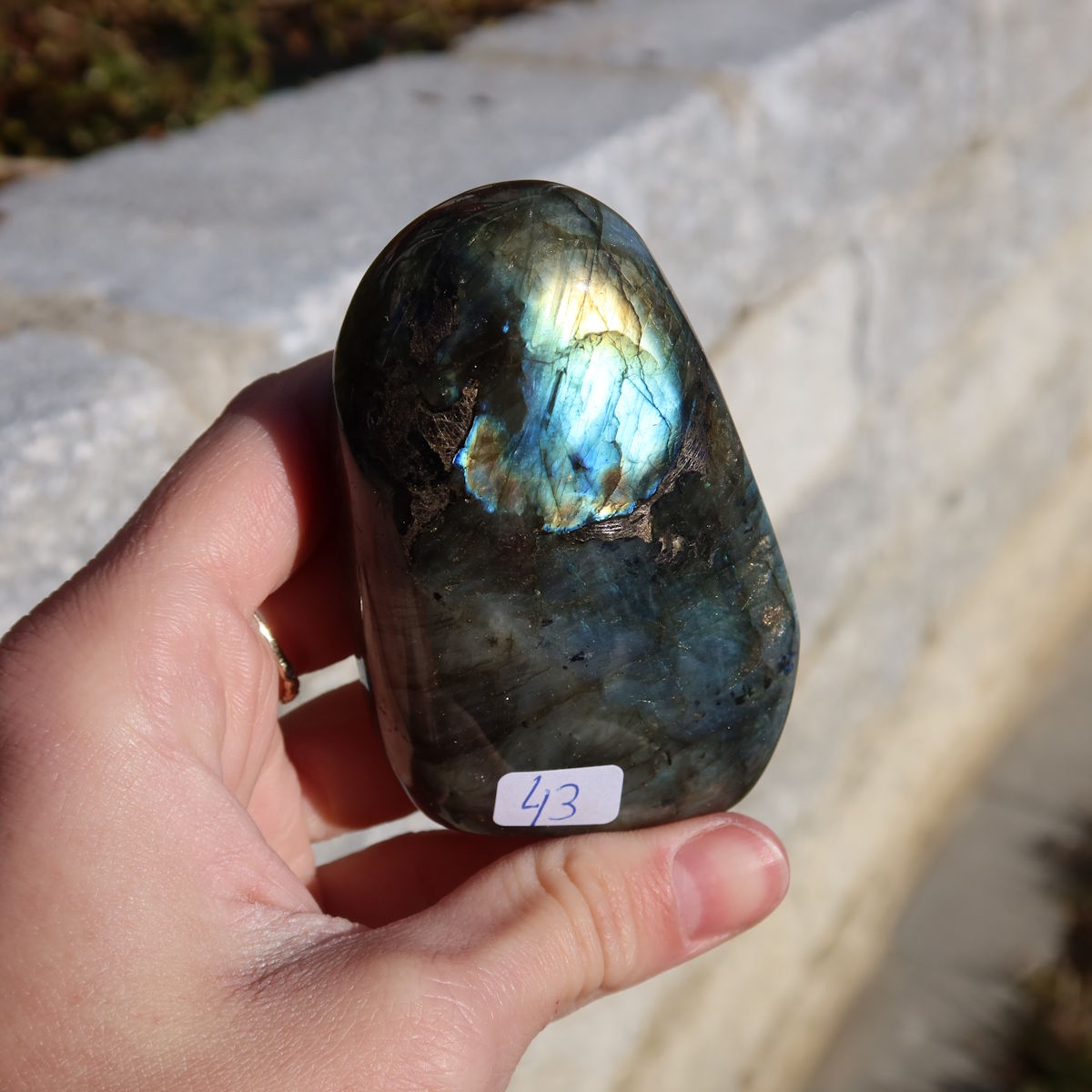 Polierte Labradorit Freiform - 7x5cm - Intuition und Kreativität Nr.43, mit schimmernden Blautönen im Sonnenlicht. Exklusives Naturkunstwerk.