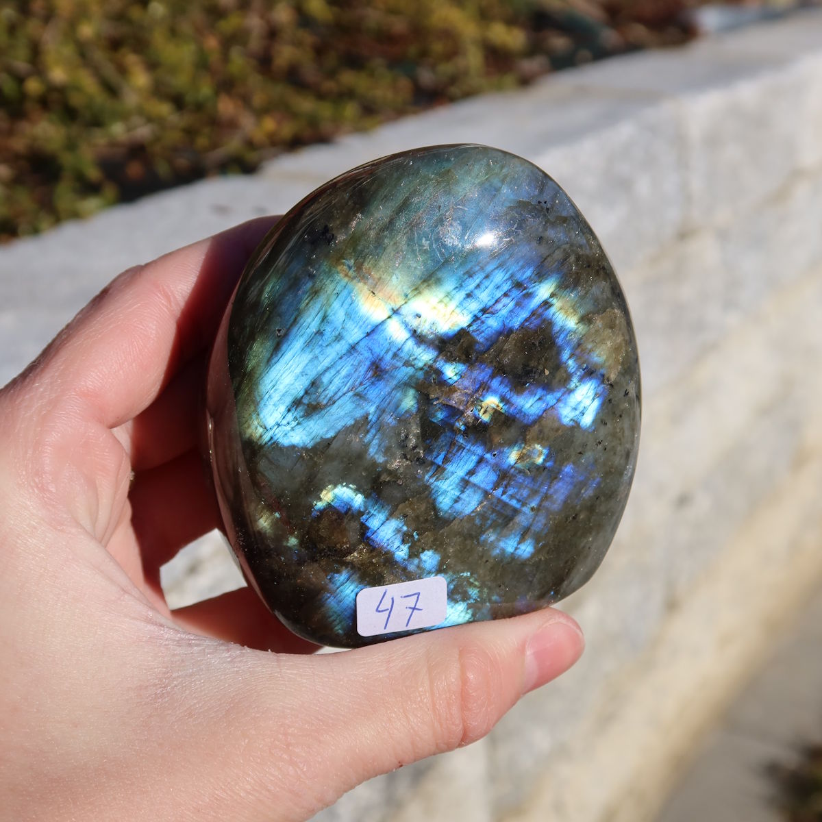 Labradorit Freiform poliert - 7x7cm - Intuition und Kreativität Nr.47 mit schimmernden Blautönen in Hand gehalten