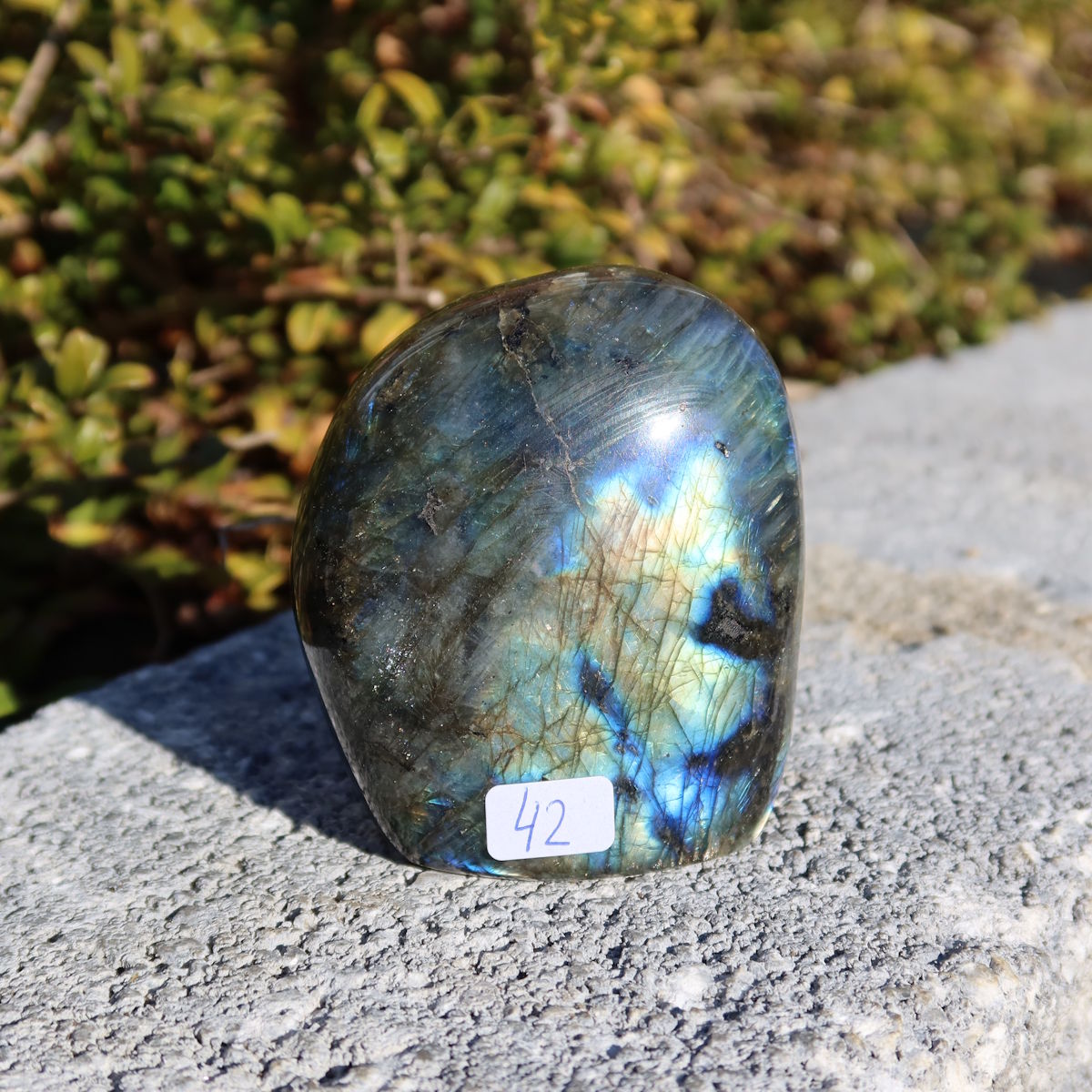 Labradorit Freiform poliert - 7x6cm - Intuition und Kreativität Nr.42, schillerndes Farbspiel unter Sonneneinstrahlung