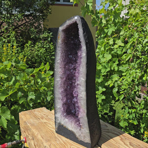 Amethyst Druse – Geode - 54x23x21cm und 24kg – Steinwelten OG - Nr. 90 on wooden surface with green foliage background