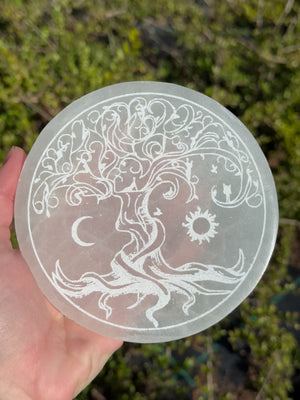 Selenite Charging Plate - Tree of Life - Sun and Moon - 12cm