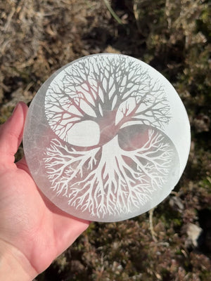 Selenite Charging Plate - Tree of Life - Yin Yang - 12cm