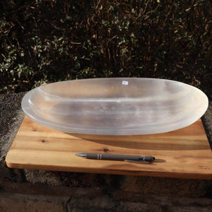 Selenit Schale XL - 39x20cm - Dekorative Ladeschale für Reinigung & Neuladen von Kristallen Nr.1 auf Holzbrett mit Stift