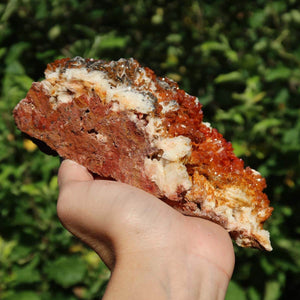 Vanadinit auf Baryt - Natürliche Kristallstufe aus Marokko 15x12x6cm - 0,97kg Nr.86 in Hand gehalten.
