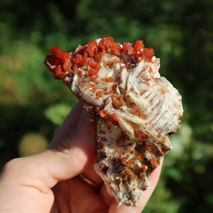 Vanadinit auf Baryt - Natürliche Kristallstufe aus Marokko 8x5x4cm - 0,18kg Nr.66 in Hand gehalten