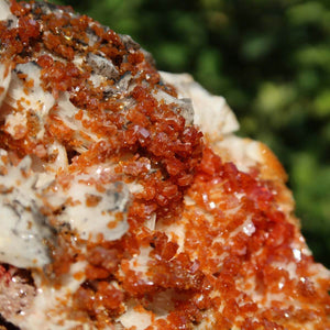 Vanadinit auf Baryt - Natürliche Kristallstufe aus Marokko 15x12x6cm - 0,97kg Nr.86 nahaufnahme mit intensiv orange roter Farbe