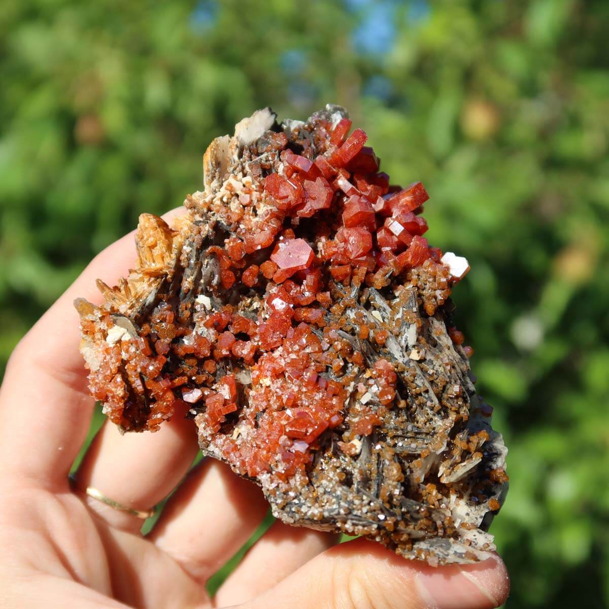 Vanadinit auf Baryt - Natürliche Kristallstufe aus Marokko 8,5x7x4cm - 0,21kg Nr.63 in Hand