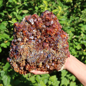 Vanadinit - Natürliche Kristallstufe aus Marokko 30x17x13cm - 8,2kg Nr.101 in Hand mit leuchtenden Kristallen.