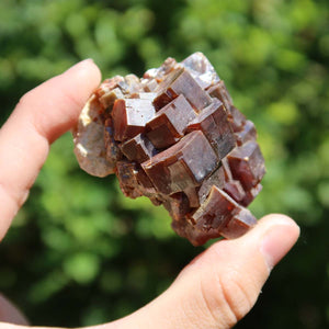 Vanadinit - Natürliche Kristallstufe aus Marokko 5x4x4cm - 0,17kg Nr.10 in der Hand, leuchtend rot- bis orangefarben.