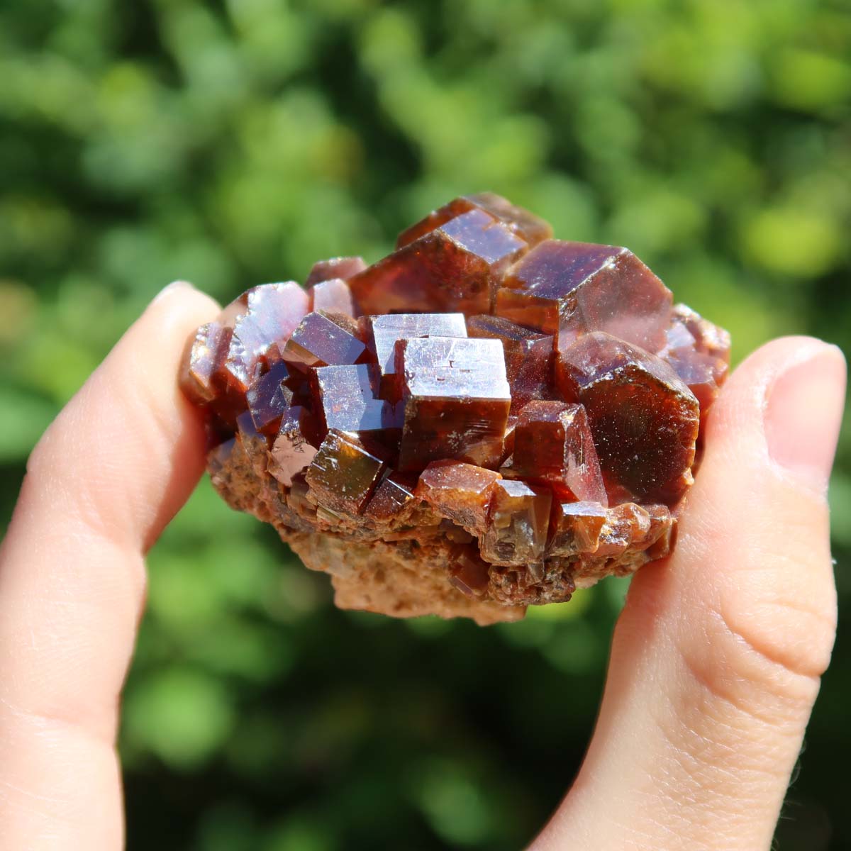 Vanadinit - Natürliche Kristallstufe aus Marokko 5x5x4cm - 0,15kg Nr.4 in Hand gehalten, leuchtende Kristalle.