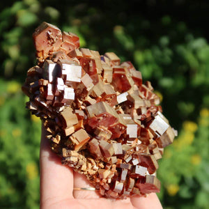 Vanadinit - Natürliche Kristallstufe aus Marokko 10x9x3,5cm - 0,47kg Nr.45 in geformter Hand, strahlend rote und orange Kristalle.