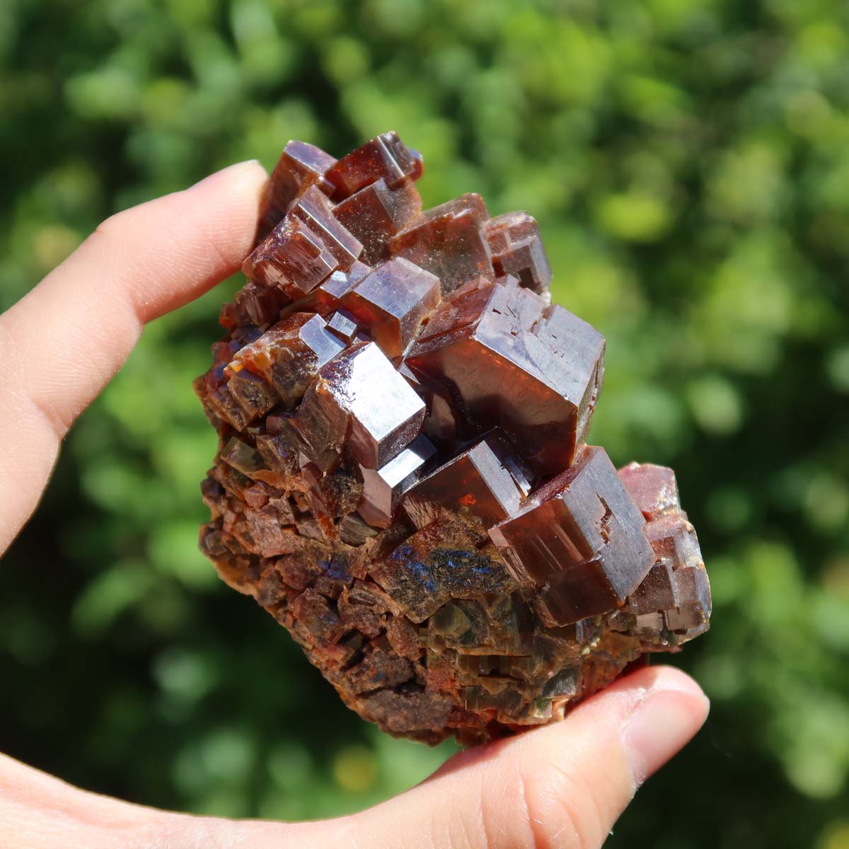 Vanadinit - Natürliche Kristallstufe aus Marokko 7x5x3cm - 0,28kg Nr.18 in der Hand, leuchtende Kristalle.