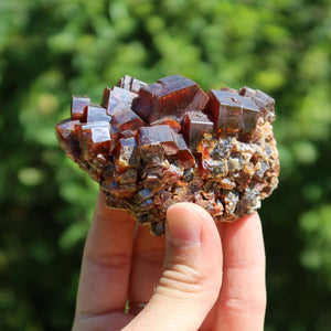 Vanadinit - Natürliche Kristallstufe aus Marokko 7x5x3cm - 0,28kg Nr.18 in Hand, Abstandshintergrund