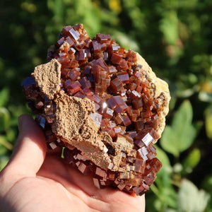 Vanadinit - Natürliche Kristallstufe aus Marokko 9x7x4cm - 0,52kg Nr.95 in der Hand, leuchtende Kristalle