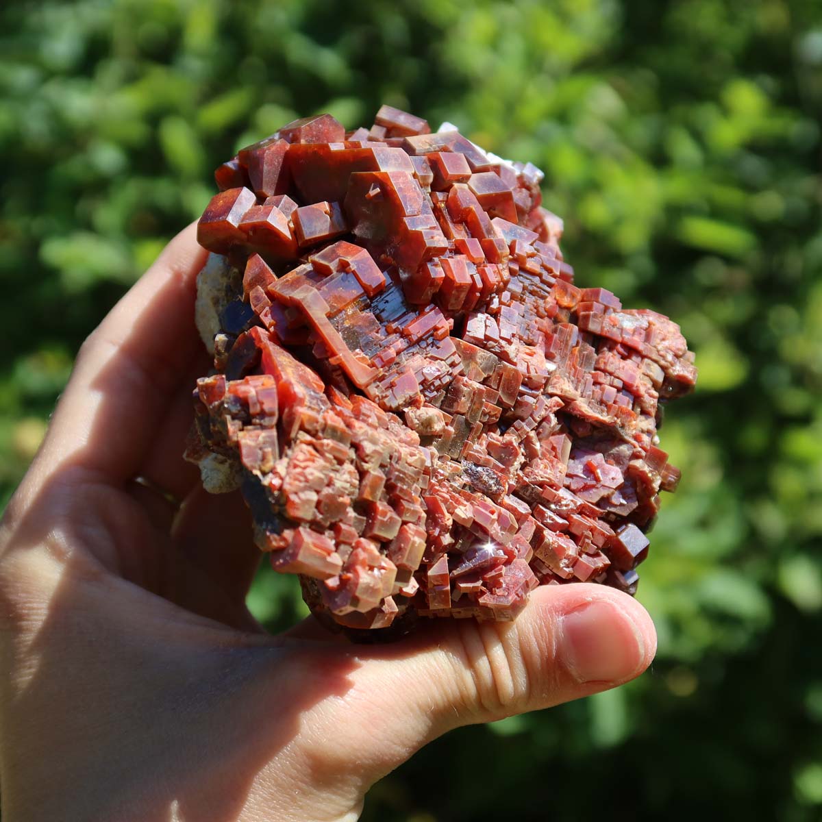 Vanadinit - Natürliche Kristallstufe aus Marokko 10,5x9x6cm - 1kg Nr.14 in Hand gehalten, leuchtendes Kristallmuster.