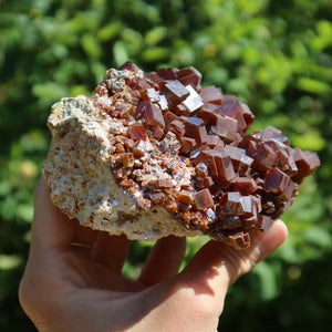 Vanadinit - Natürliche Kristallstufe aus Marokko 10x8x6cm - 0,74kg Nr.15 in der Hand mit leuchtenden roten Kristallen.