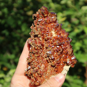 Vanadinit - Natürliche Kristallstufe aus Marokko 11x7x5cm - 0,47kg Nr.99 in der Hand, leuchtende orangefarbene Kristalle