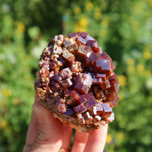 Vanadinit - Natürliche Kristallstufe aus Marokko 6,5x5,5x4,5cm - 0,33kg Nr.52 in hand gehalten vor grüner Natur.