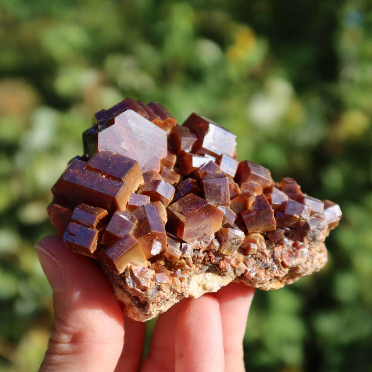 Vanadinit - Natürliche Kristallstufe aus Marokko 7,5x6x4cm - 0,3kg Nr.55 in der Hand, leuchtende Kristalle.