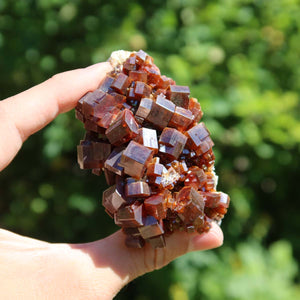 Vanadinit - Natürliche Kristallstufe aus Marokko 7x4,5x4cm - 0,2kg Nr.26 in der Hand, leuchtende rot-orangefarbene Kristalle.