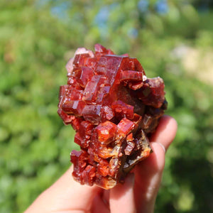 Vanadinit - Natürliche Kristallstufe aus Marokko 7x5x4,5cm - 0,3kg Nr.50, leuchtende rote Kristalle in der Hand.