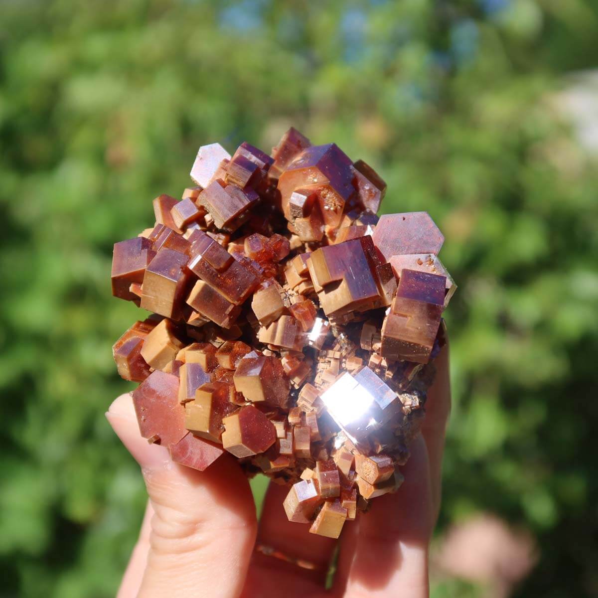 Vanadinit - Natürliche Kristallstufe aus Marokko 7x6x4cm - 0,2kg Nr.35 in Hand mit grünem Hintergrund