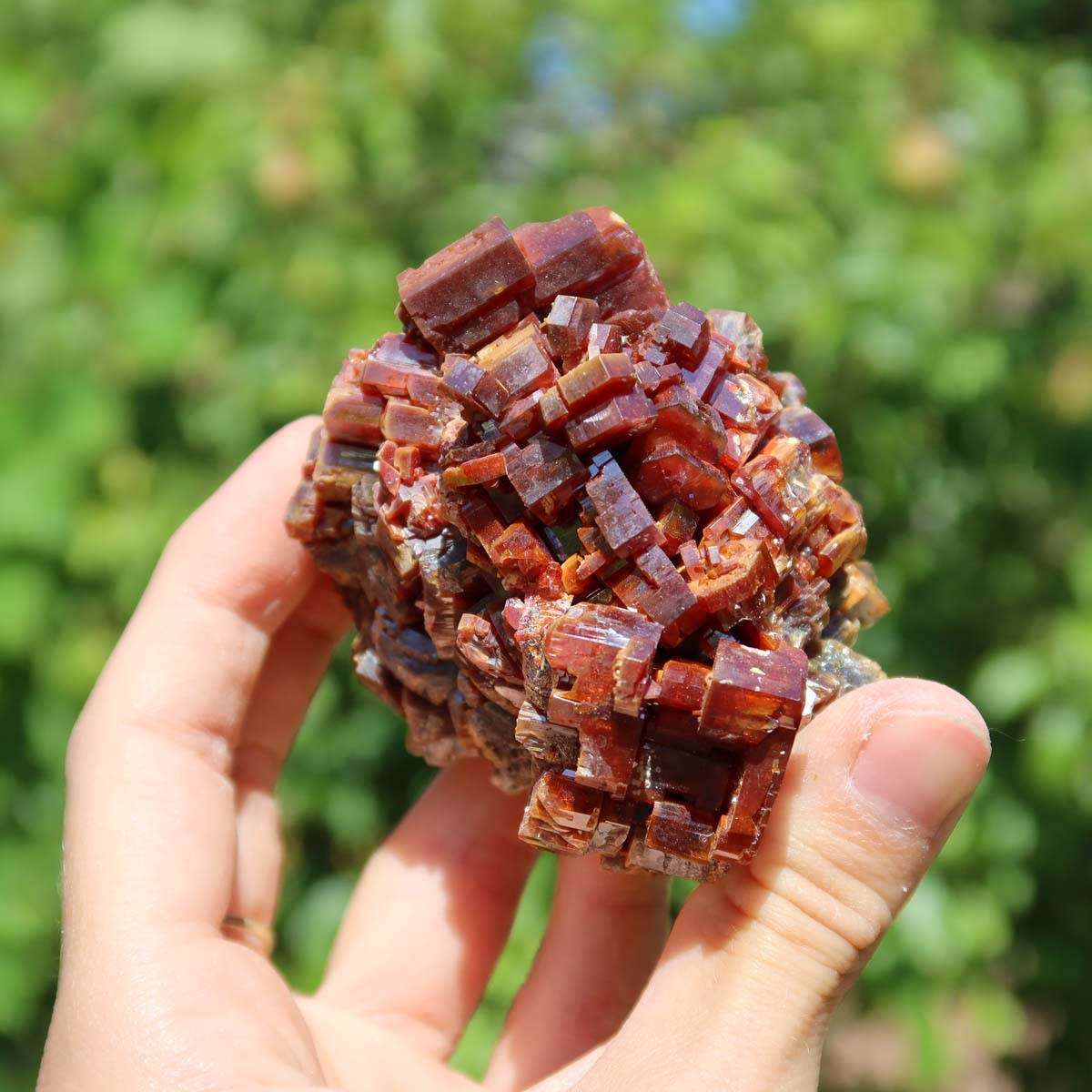 Vanadinit - Natürliche Kristallstufe aus Marokko 7x6x5cm - 0,42kg Nr.20 in rot-orangefarbener Kristallstruktur in Hand gehalten.