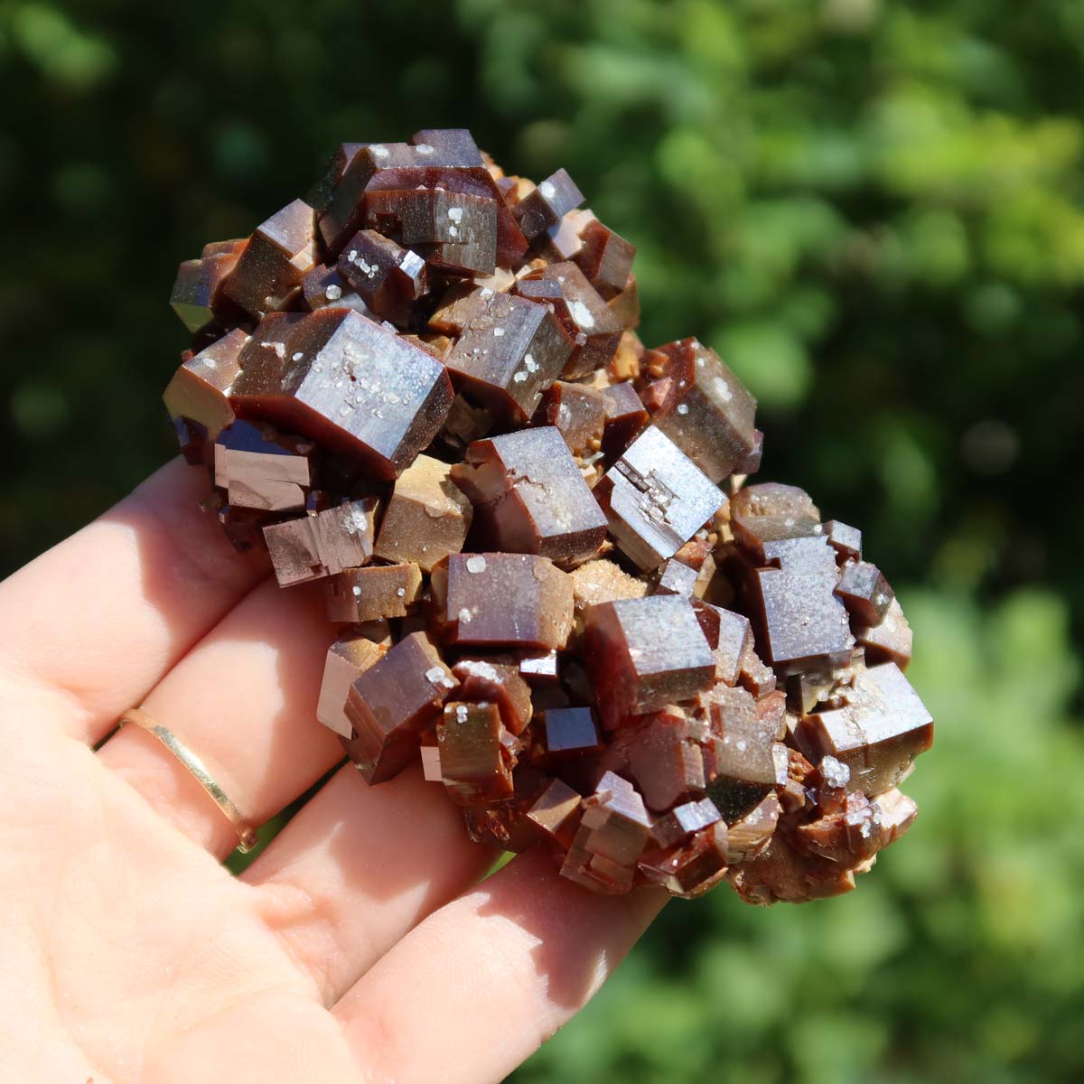 Vanadinit - Natürliche Kristallstufe aus Marokko 8x6x3cm - 0,29kg Nr.29 in der Hand, leuchtend rot-orange Kristalle.