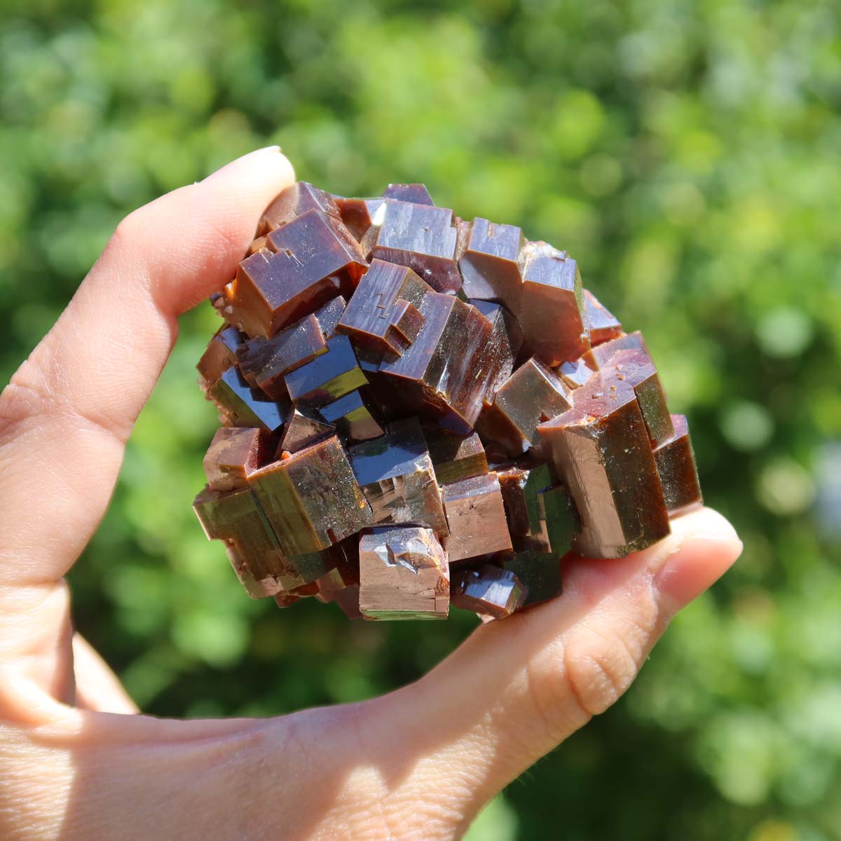 Vanadinit - Natürliche Kristallstufe aus Marokko 6x6x4cm - 0,31kg Nr.2 in der Hand gehalten, glänzende Kristalle.