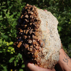 Vanadinit - Natürliche Kristallstufe aus Marokko 26x17x12cm - 7,5kg Nr.103 mit leuchtenden Kristallen in Hand gehalten.