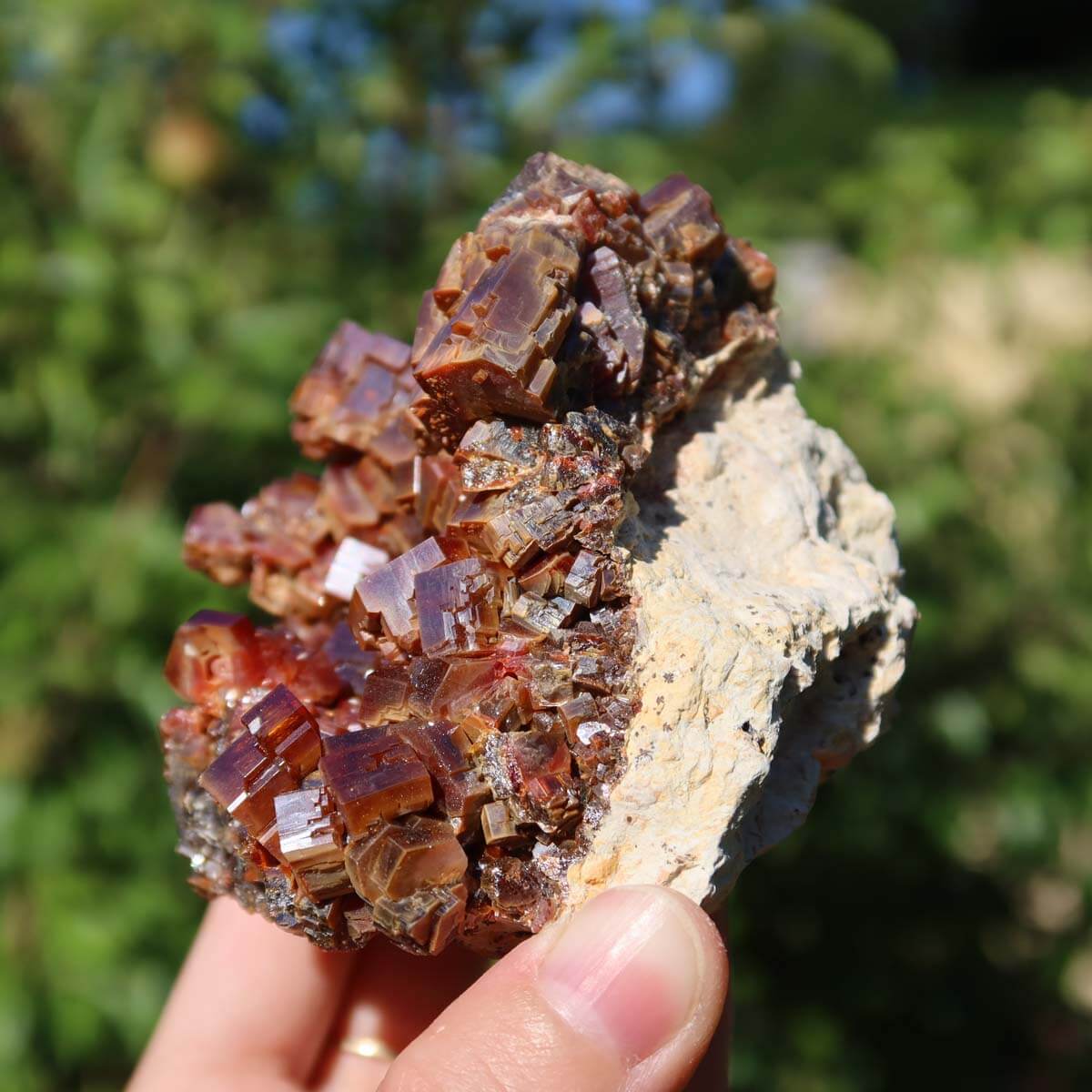 Vanadinit - Natürliche Kristallstufe aus Marokko 8x8x6cm - 0,56kg Nr.57 in der Hand gehalten, leuchtende Kristalle.
