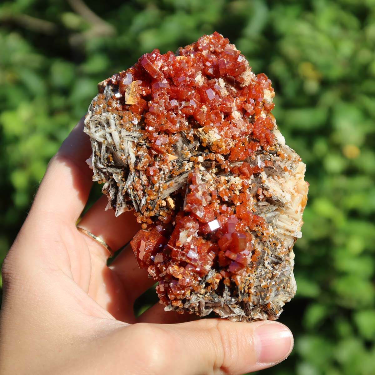 Vanadinit auf Baryt - Natürliche Kristallstufe aus Marokko 9x6x4,5cm - 0,36kg Nr.67 in einer Hand